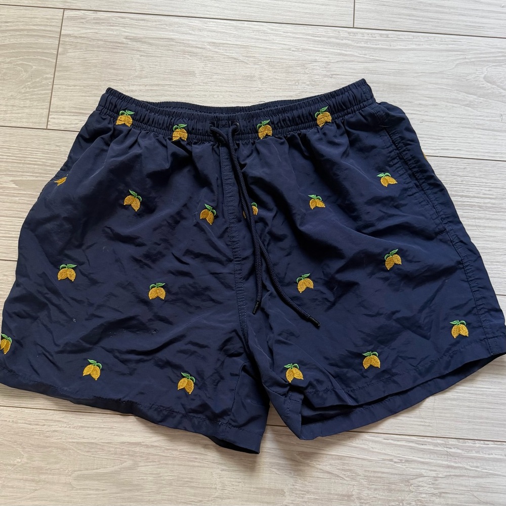 Navy Blue Swim Shorts with Orange Embroidery